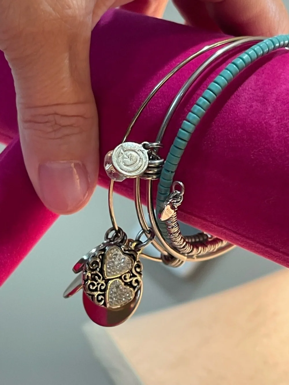 Turquoise Beaded Silver-Tone Charm Bangle Set - Daughter/Friendship